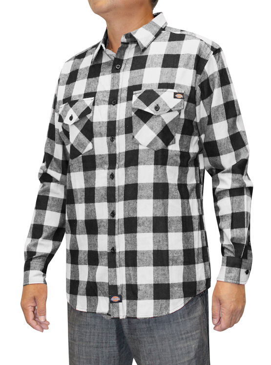Men's Flannel Long Sleeve Woven Plaid Shirt - BLACK/WHITE (BKWH)