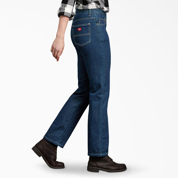 Jeans d&eacute;contract&eacute; &agrave; jambe droite doubl&eacute; de flanelle pour femmes - Stonewashed Vintage Blue &#40;SVB&#41;