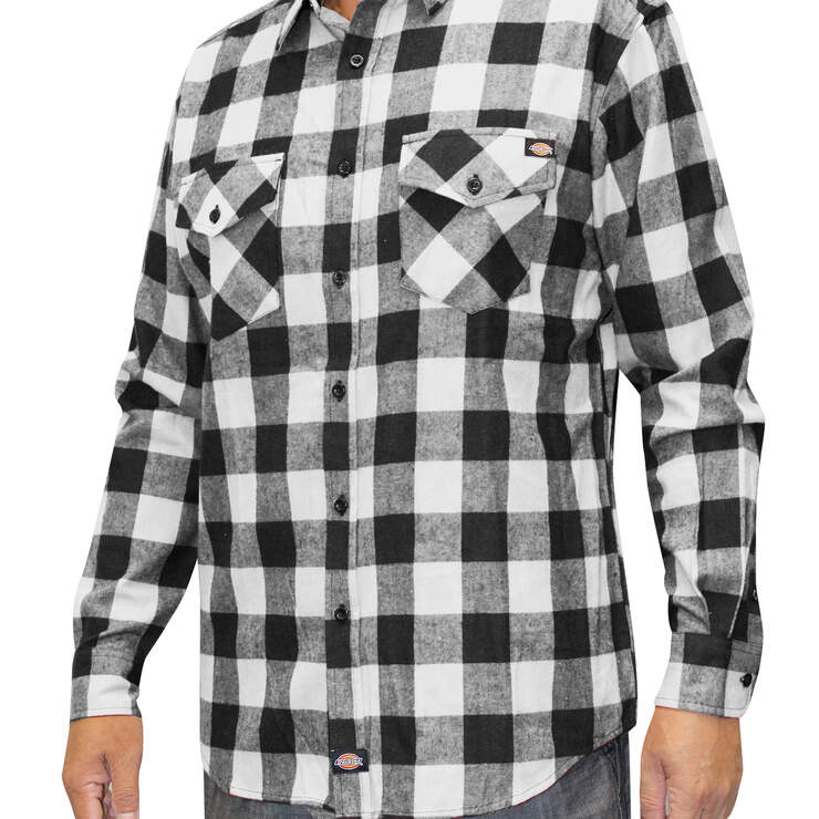 Men's Flannel Long Sleeve Woven Plaid Shirt - Black/White (BKWH) image number 1