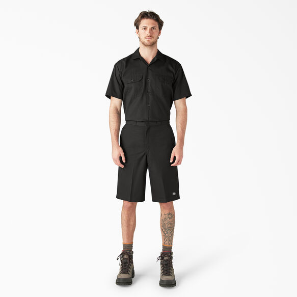 Loose Fit Flat Front Work Shorts, 13&quot; - Black &#40;BK&#41;