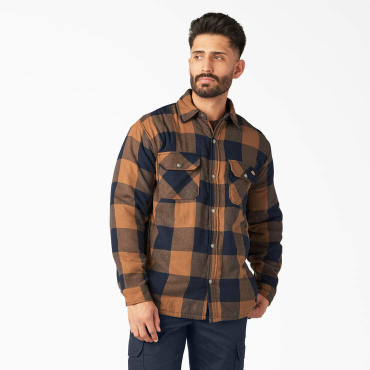 Water Repellent Fleece-Lined Flannel Shirt Jacket - Brown Duck/Navy Buffalo Plaid (B1M) image number 1