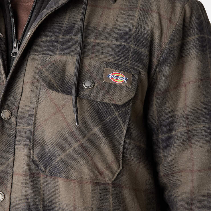Water Repellent Flannel Hooded Shirt Jacket - Moss/Chocolate Ombre Plaid (B2K) image number 8
