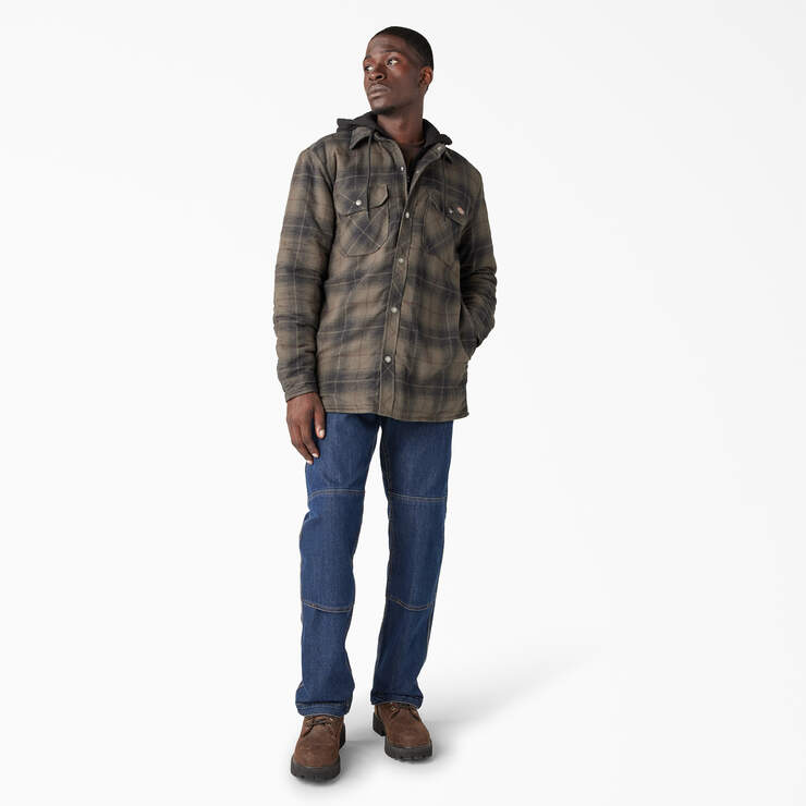 Water Repellent Flannel Hooded Shirt Jacket - Moss/Chocolate Ombre Plaid (B2K) image number 5
