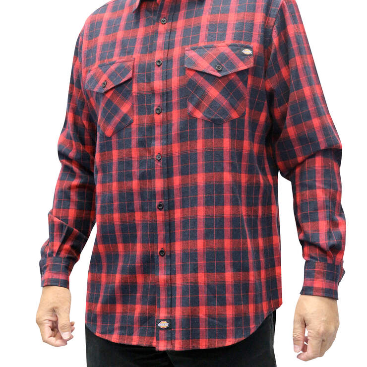 Men's Flannel Long Sleeve Woven Shirt with Dickies Applique - Black/English Red (BKER) image number 1