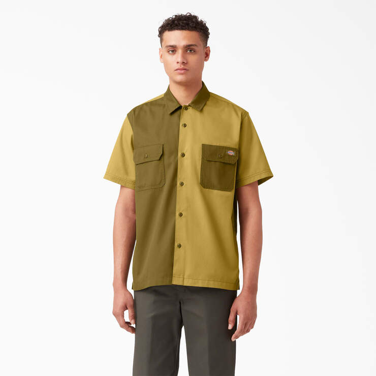 Twill Button-Up Short Sleeve Work Shirt - Rinsed Military/Moss Green (R2G) image number 1