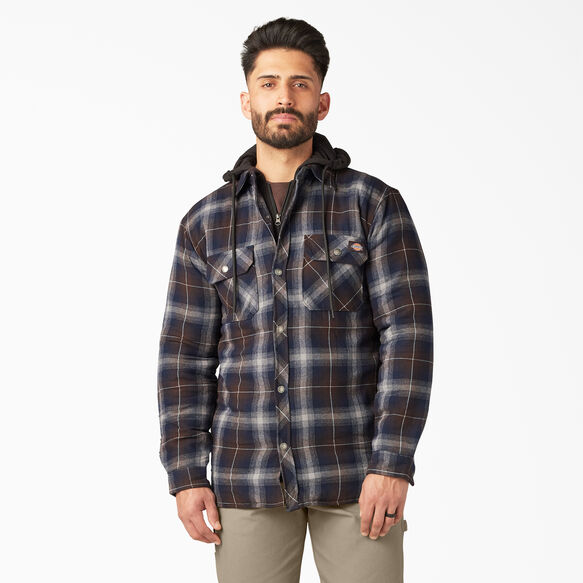 Water Repellent Flannel Hooded Shirt Jacket - Ink Navy/Chocolate Brown Plaid &#40;B1Y&#41;