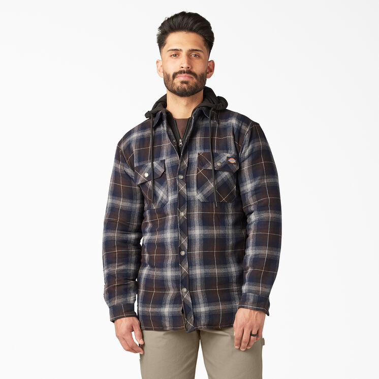 Water Repellent Flannel Hooded Shirt Jacket - Ink Navy/Chocolate Brown Plaid &#40;B1Y&#41;