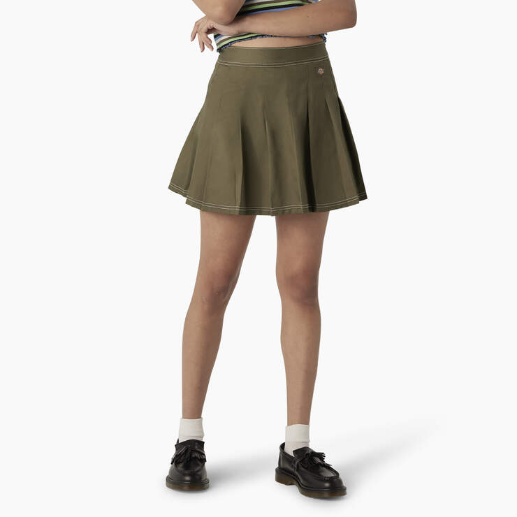 Women's Twill Pleated Skirt - Military Green (ML) image number 1