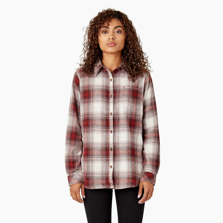 Women's Plaid Flannel Long Sleeve Shirt - Fired Brick Ombre Plaid (C1X) image number 1