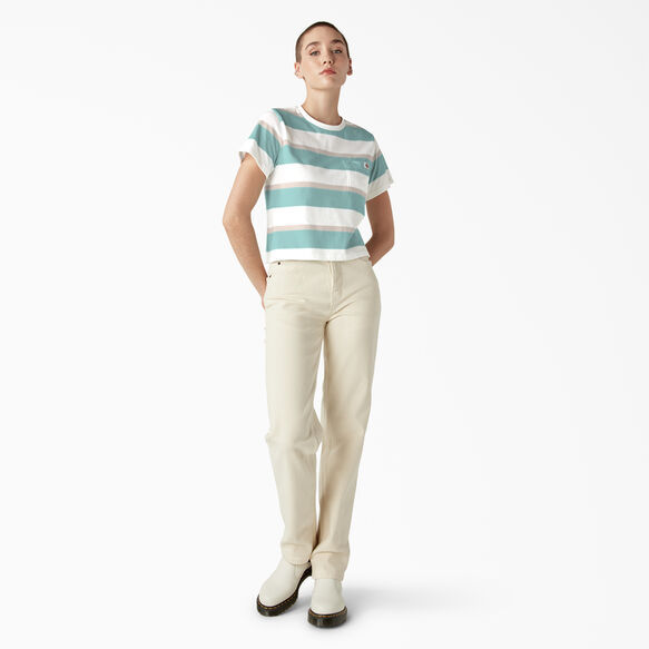 T-shirt &agrave; poche court et ray&eacute; pour femmes - Pastel Turquoise Stripe &#40;SQS&#41;