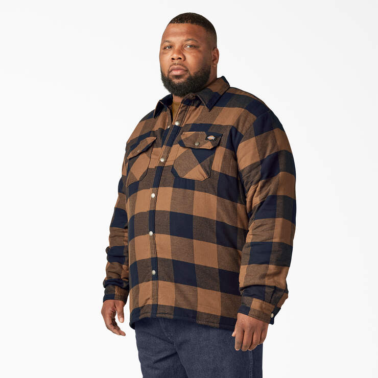 Water Repellent Fleece-Lined Flannel Shirt Jacket - Brown Duck/Navy Buffalo Plaid (B1M) image number 6