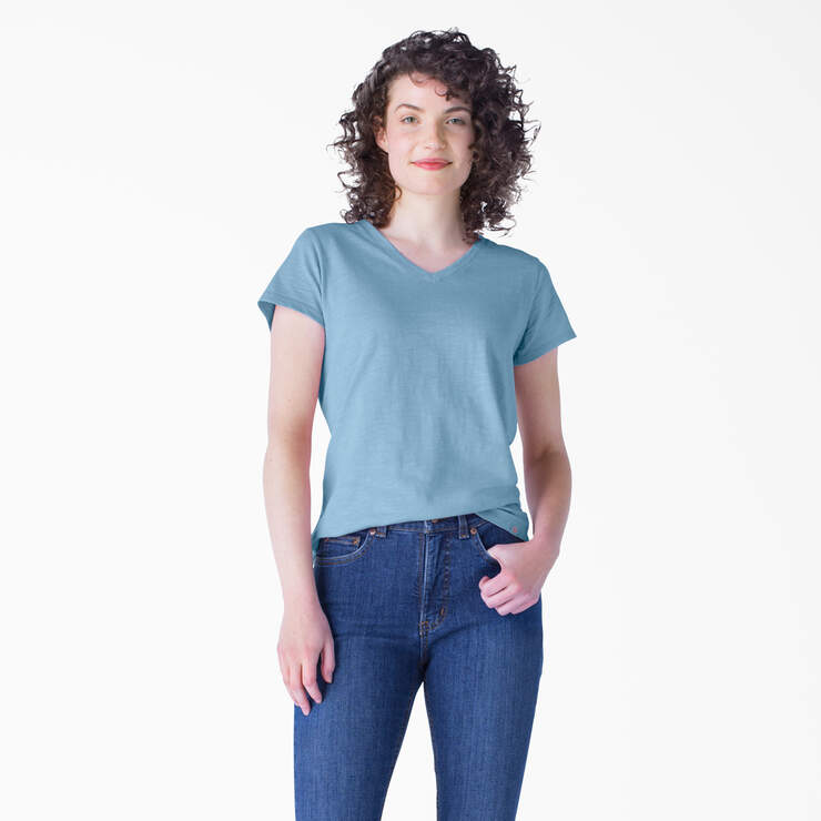 T-shirt à encolure en V et manches courtes pour femmes - Dusty Blue (DL) numéro de l’image 1