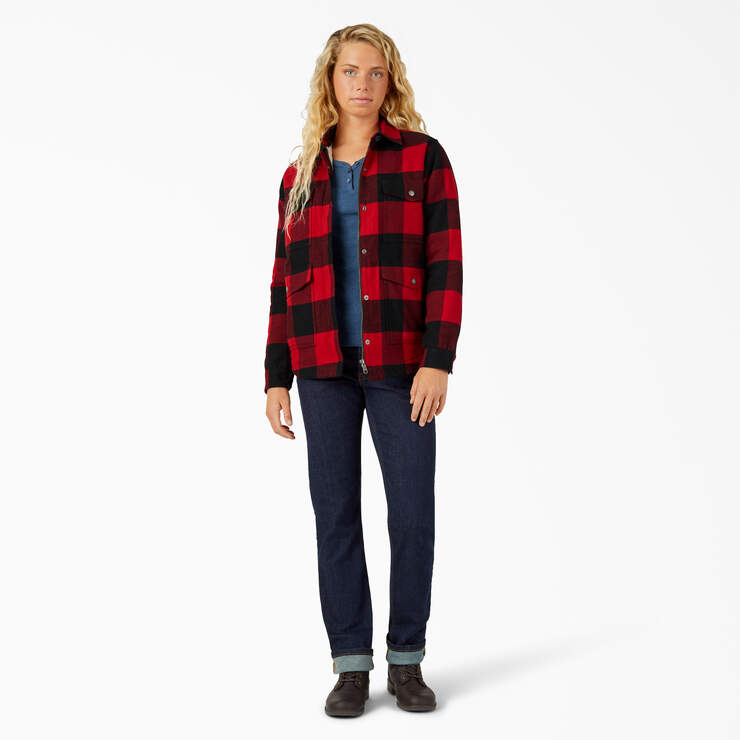 Women's Flannel High Pile Fleece Lined Chore Coat - English Red Buffalo Plaid (PSF) image number 3