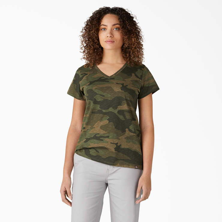 Women's Short Sleeve V-Neck T-Shirt - Light Sage Camo (LSC) image number 1