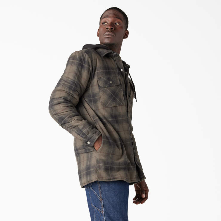 Water Repellent Flannel Hooded Shirt Jacket - Moss/Chocolate Ombre Plaid (B2K) image number 4