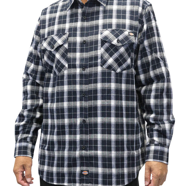 Men's Flannel Long Sleeve Woven Shirt with Dickies Applique - Black/White (BKWH) image number 1