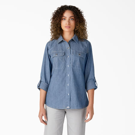 Haut de travail chambray &agrave; manches longues pour femmes - Stonewashed Light Blue &#40;LSW&#41;