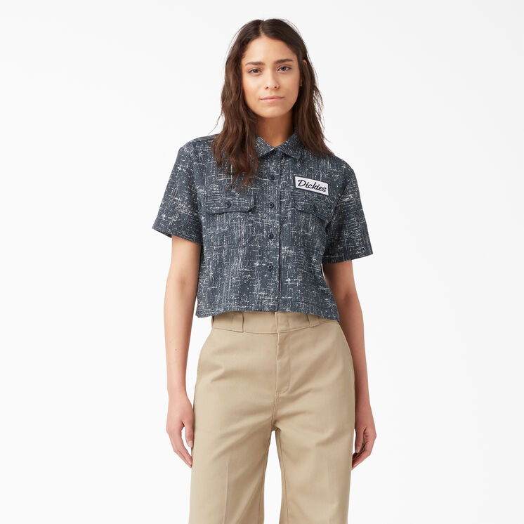 Haut de travail &eacute;court&eacute; avec &eacute;cusson brod&eacute; pour femmes - Rinsed Navy Crosshatch &#40;R2A&#41;