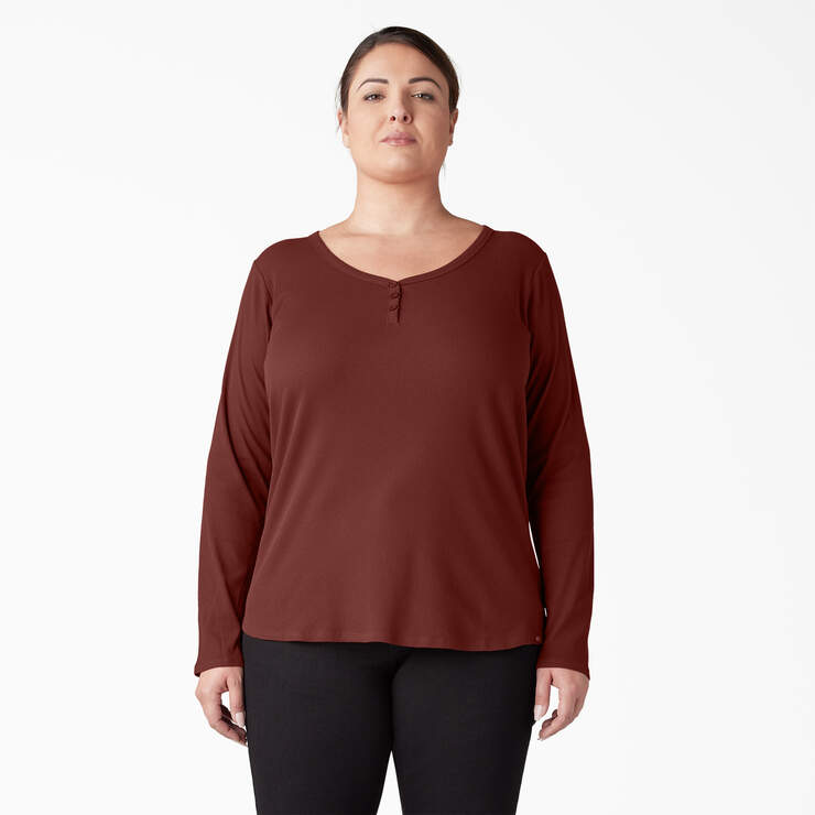 Women's Plus Henley Long Sleeve Shirt - Fired Brick (IK9) image number 3