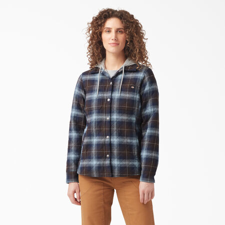 Veste-chemise &agrave; capuchon en flanelle pour femmes - Clear Blue/Brown Ombre Plaid &#40;A1G&#41;
