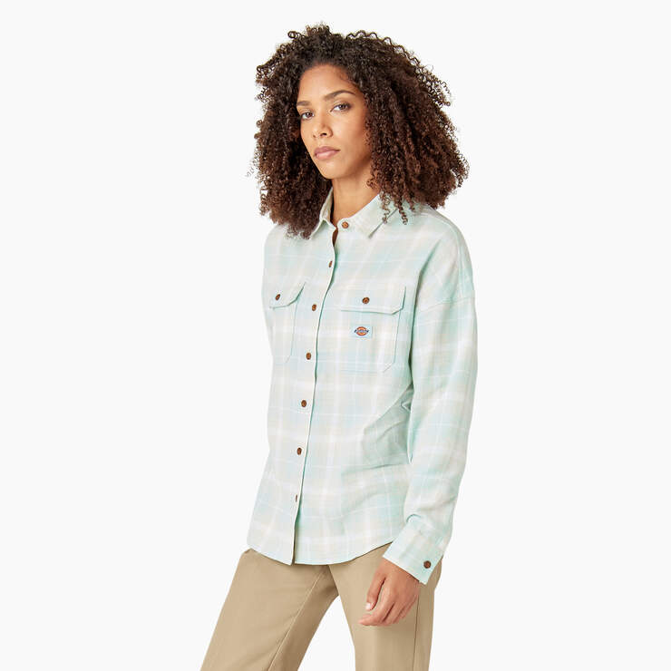 Women's Long Sleeve Flannel Shirt - Soft Gray Turquoise Plaid (QPT) image number 3