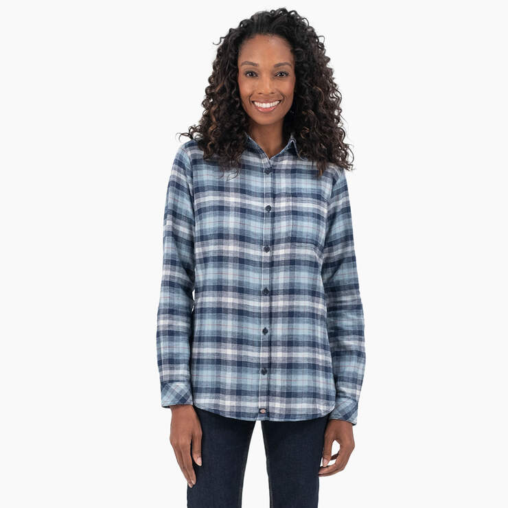 Women's Plaid Flannel Long Sleeve Shirt - Clear Blue/Navy Ombre Plaid (C1F) image number 1