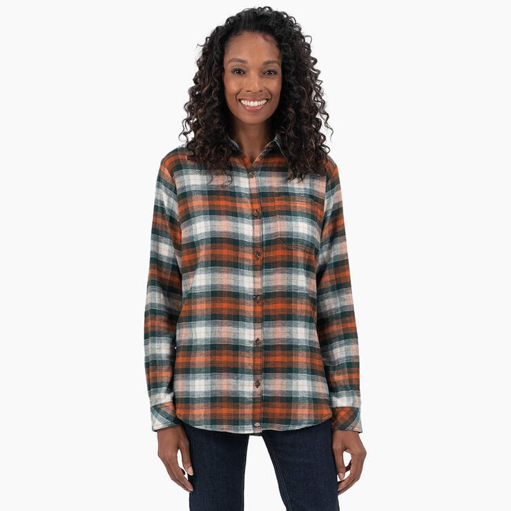 Women's Plaid Flannel Long Sleeve Shirt - Forest/Copper Ombre Plaid (C1T) image number 1