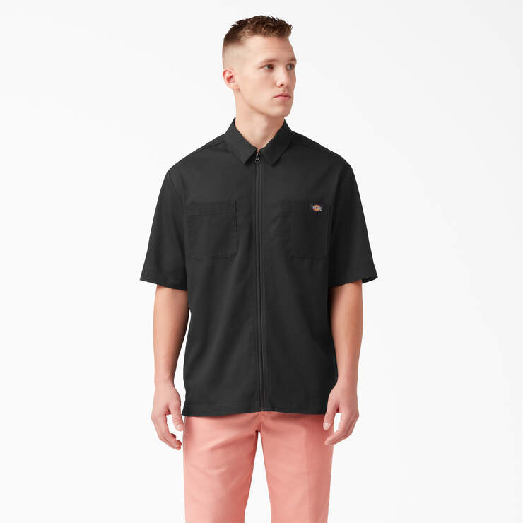 Mixed Media Zip Front Short Sleeve Work Shirt - Black (BKX) image number 1