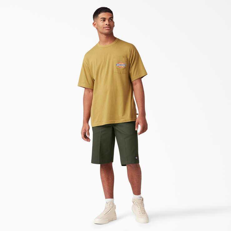 Loose Fit Flat Front Work Shorts, 13" - Olive Green (OG) image number 5
