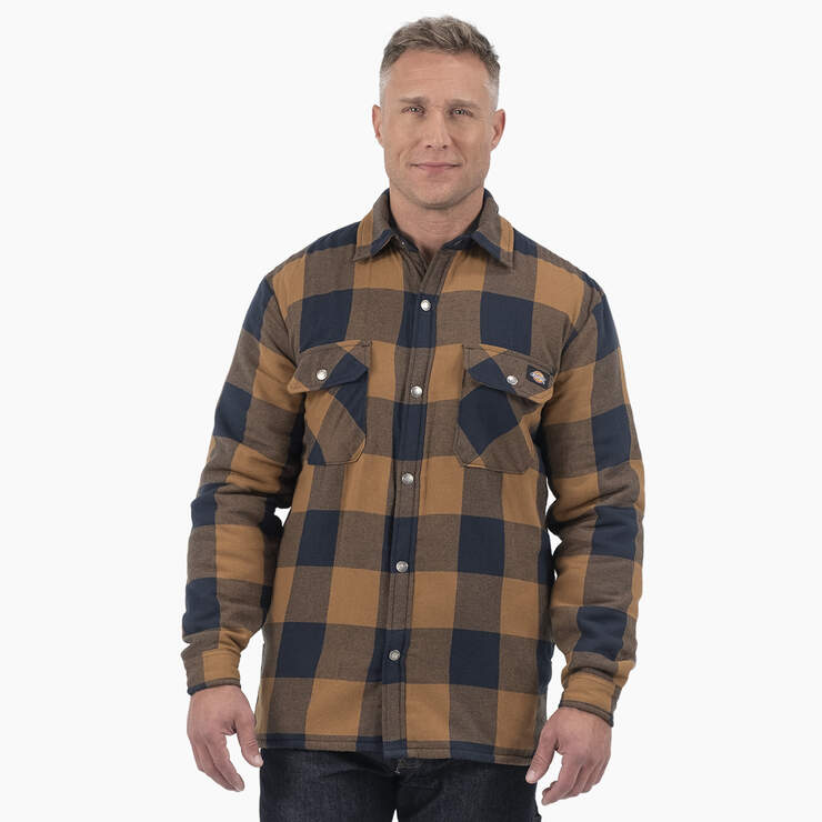 Water Repellent Fleece-Lined Flannel Shirt Jacket - Brown Duck/Navy Buffalo Plaid (B1M) image number 1