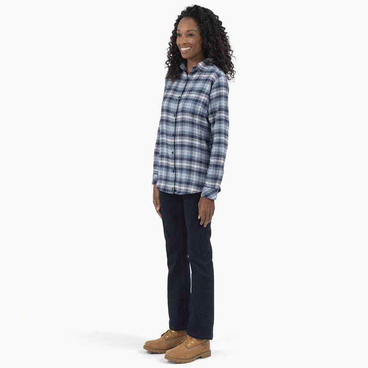 Women's Plaid Flannel Long Sleeve Shirt - Clear Blue/Navy Ombre Plaid (C1F) image number 3
