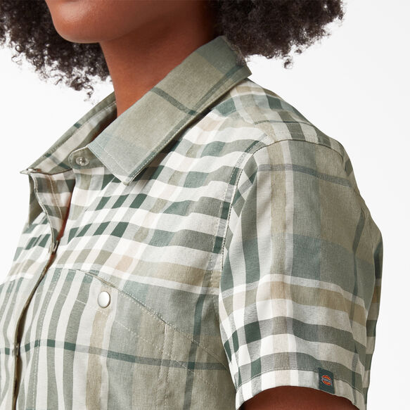 Haut de travail fra&icirc;cheur &agrave; manches courtes pour femmes - Green Plaid &#40;1PR&#41;