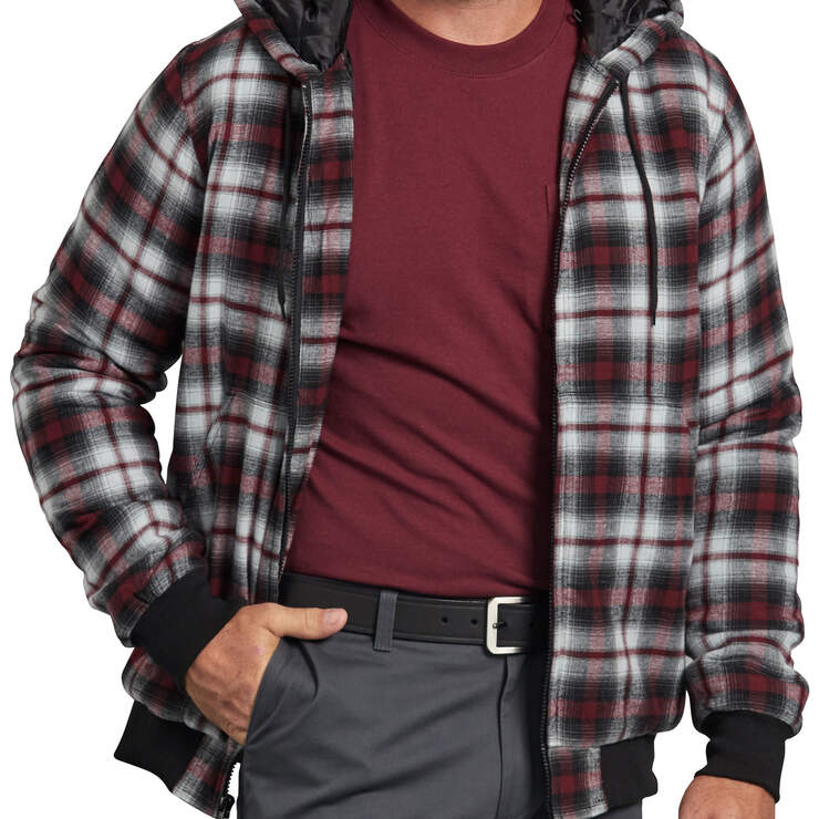 Dickies X-Series Modern Fit Quilted Bomber Shirt Jacket - Light Gray Burgundy Plaid (XYP) image number 1
