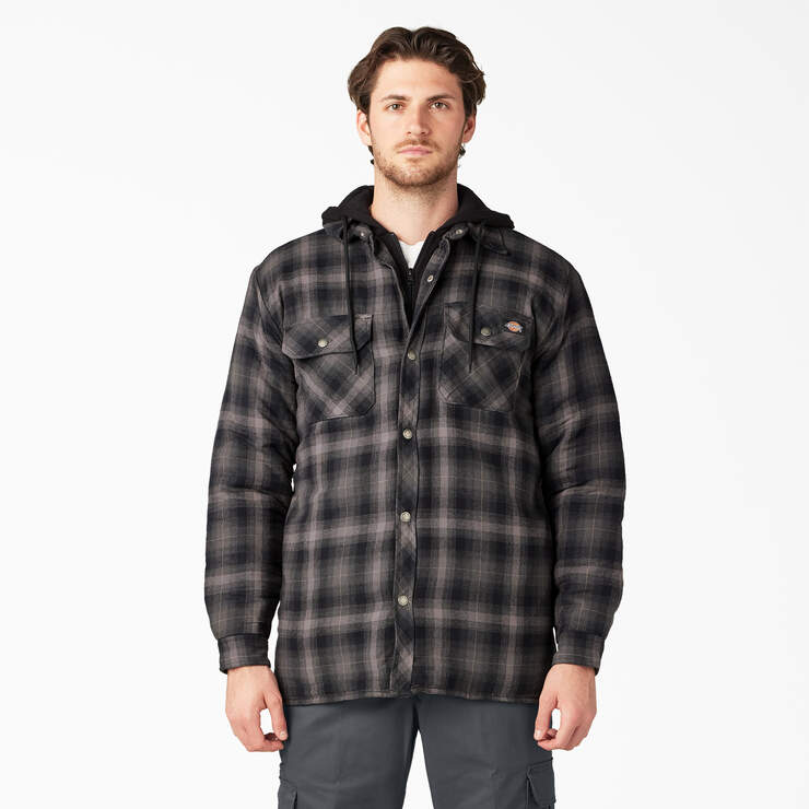 Water Repellent Flannel Hooded Shirt Jacket - Black Ombre Plaid (AP1) image number 1