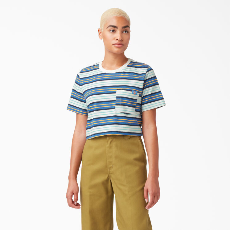 Women&#39;s Cropped Striped T-Shirt - Cobalt Stripe &#40;C2S&#41;