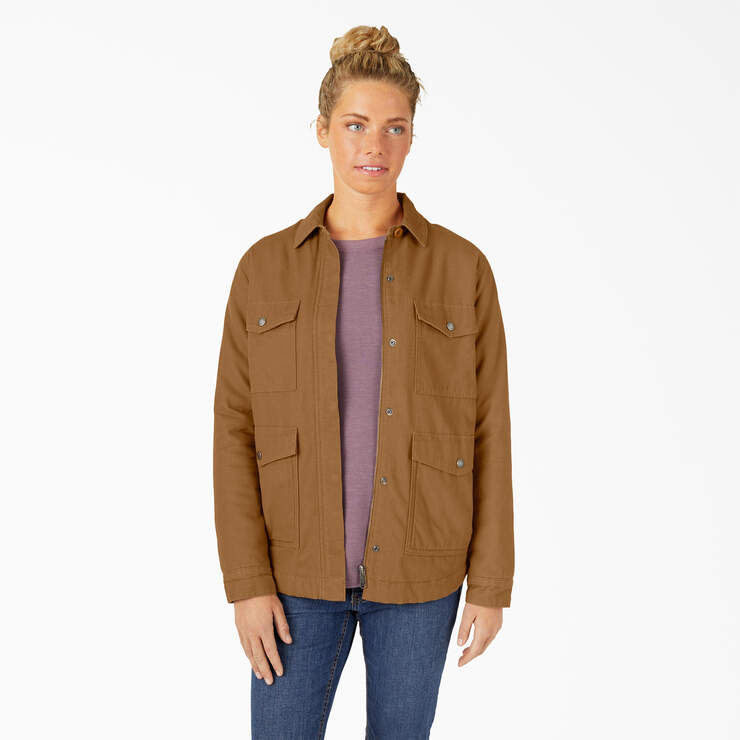 Women's Duck High Pile Fleece Lined Chore Coat - Rinsed Brown Duck (RBD) image number 1