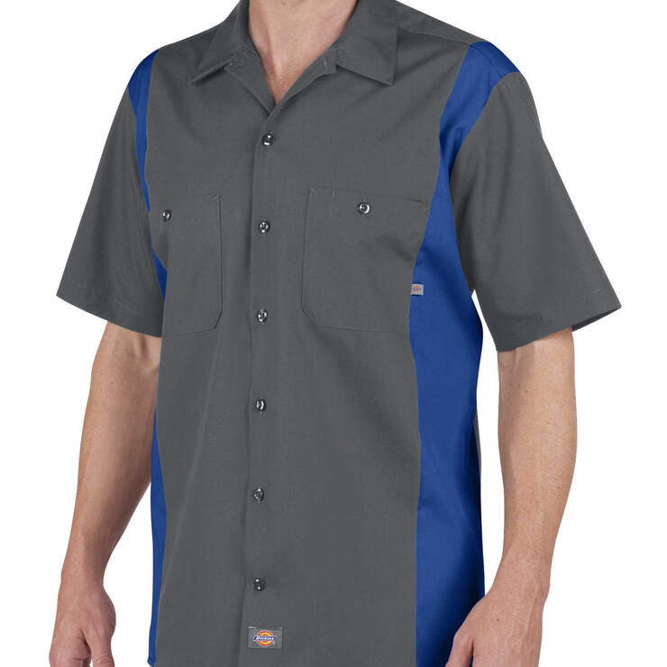 Industrial Colour Block Short Sleeve Shirt - Charcoal/Royal Blue (CHRB) image number 1