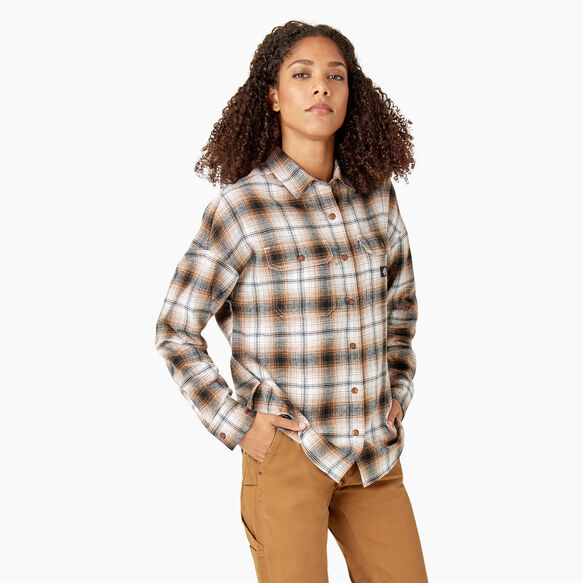 Women&#39;s Long Sleeve Flannel Shirt - Brown Duck/Black Ombre Plaid &#40;WPB&#41;