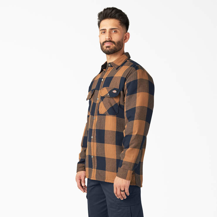 Water Repellent Fleece-Lined Flannel Shirt Jacket - Brown Duck/Navy Buffalo Plaid (B1M) image number 3