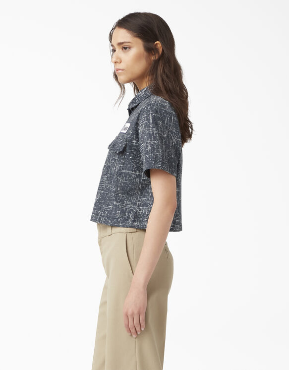 Women&#39;s Embroidered Patch Cropped Work Shirt - Rinsed Navy Crosshatch &#40;R2A&#41;