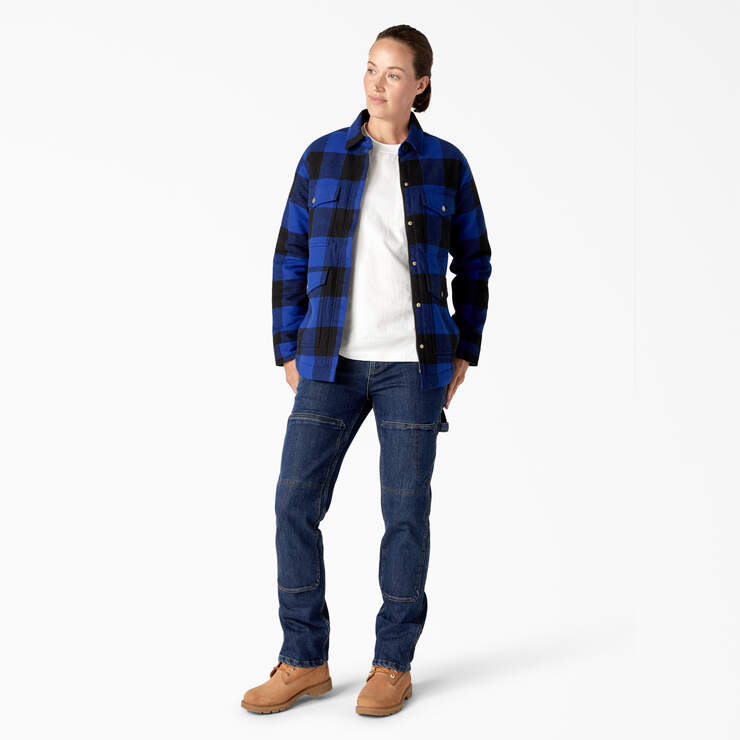 Women's Flannel High Pile Fleece Lined Chore Coat - Surf Blue/Black Buffalo Plaid (B1U) image number 4