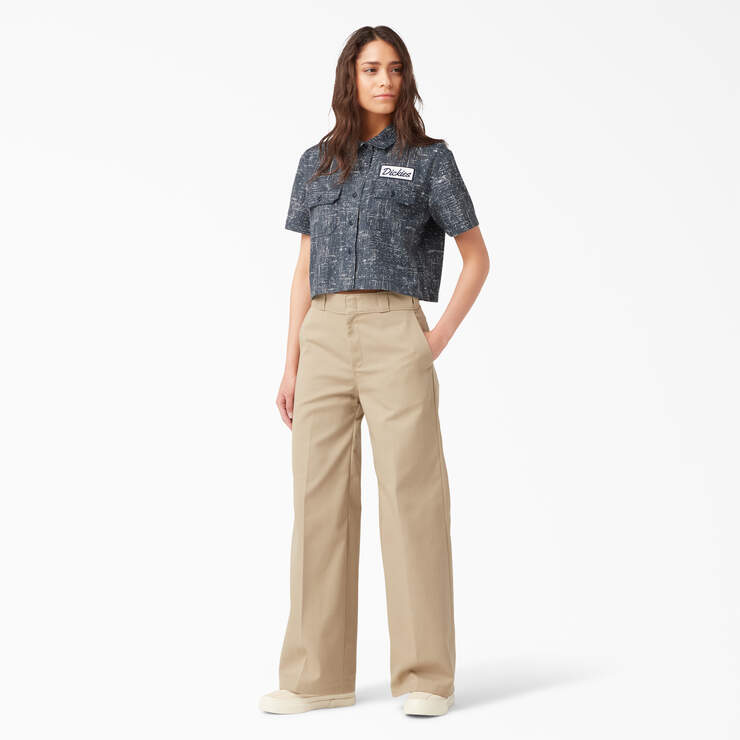 Women's Embroidered Patch Cropped Work Shirt - Rinsed Navy Crosshatch (R2A) image number 4