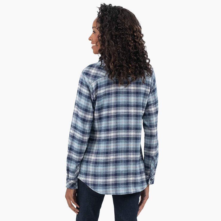 Women's Plaid Flannel Long Sleeve Shirt - Clear Blue/Navy Ombre Plaid (C1F) image number 2