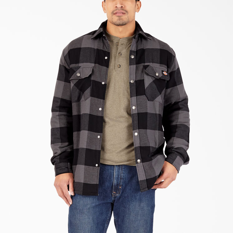 High Pile Fleece Lined Flannel Shirt Jacket - Black Dark Slate Buffalo Plaid &#40;TP1&#41;