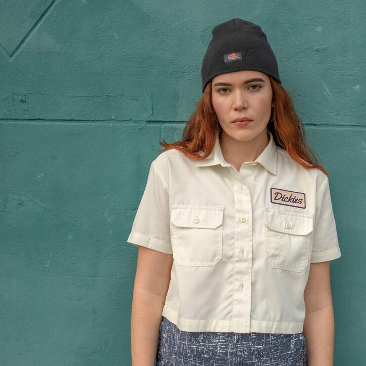 Women's Embroidered Patch Cropped Work Shirt - Rinsed Cloud (R2C) image number 7