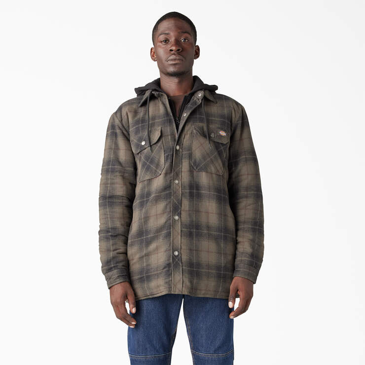Dickies Men's Water Repellent Flannel Hooded Shirt Jacket - Moss/chocolate Ombre Plaid Size Xl (TJ211)
