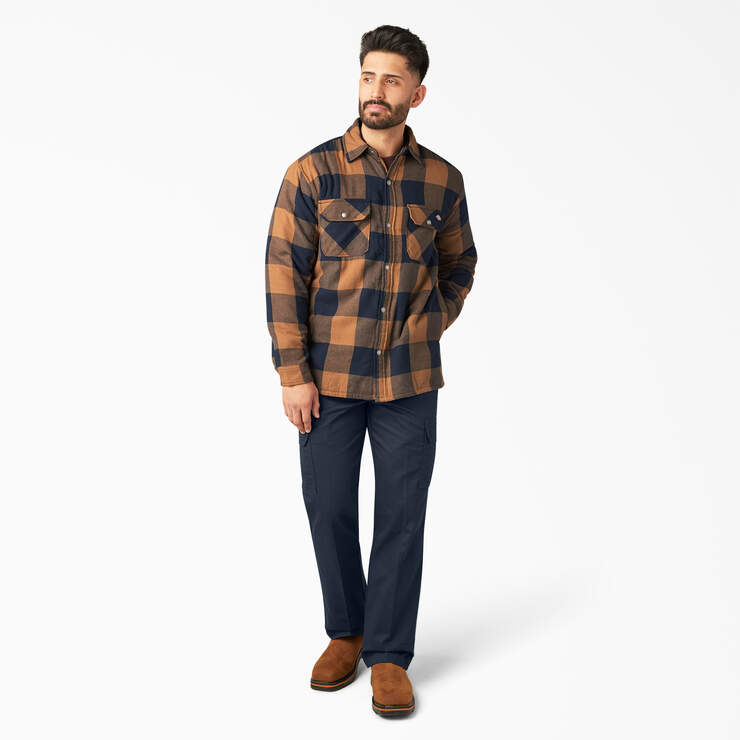Water Repellent Fleece-Lined Flannel Shirt Jacket - Brown Duck/Navy Buffalo Plaid (B1M) image number 4