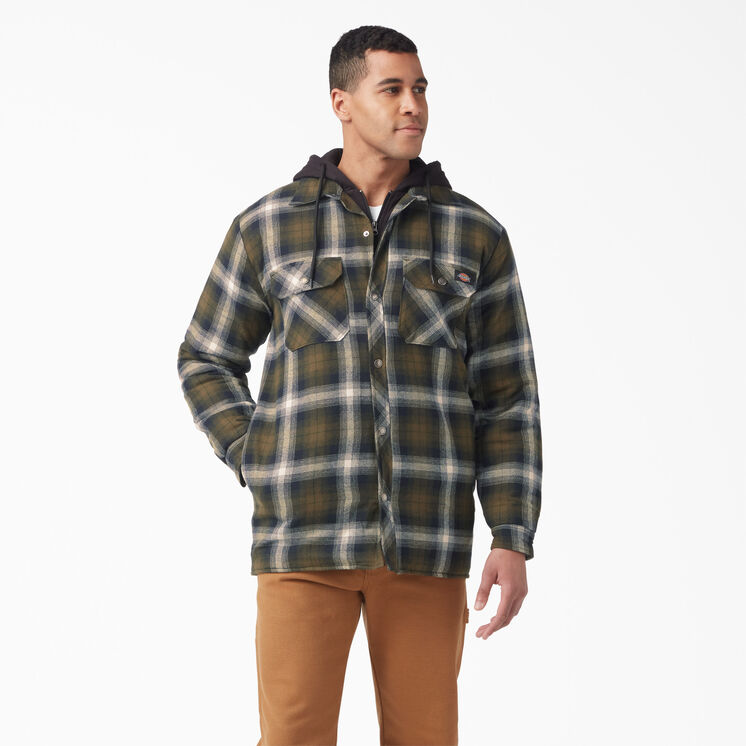 Water Repellent Flannel Hooded Shirt Jacket - Dark Olive/Black Plaid &#40;A2A&#41;