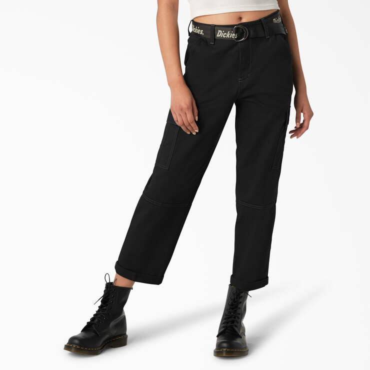 Dickies Women's Relaxed Fit Contrast Stitch Cropped Cargo Pants - Black Size 30 (FPR57)