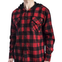 Men's Flannel Long Sleeve Woven Shirt with Hood - Black/English Red (BKER)